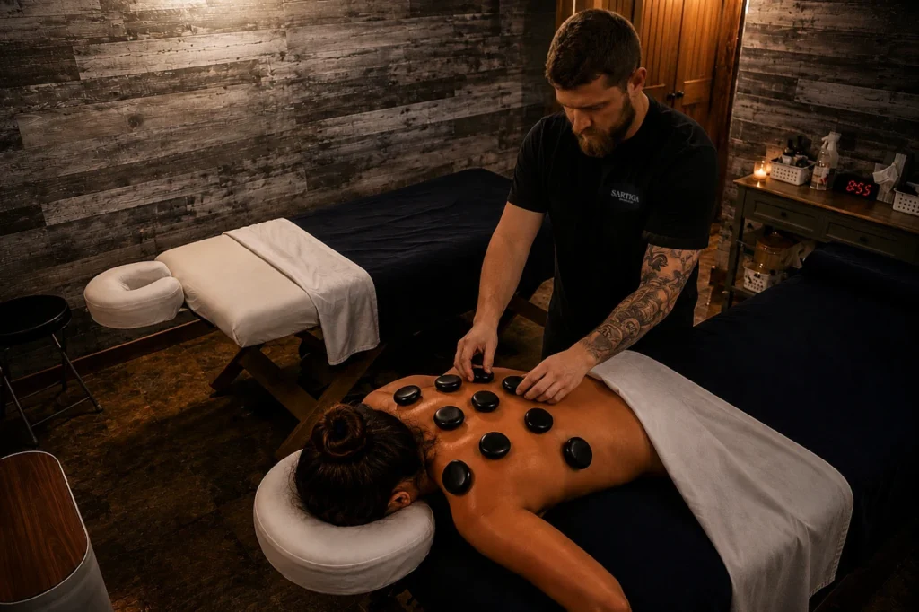 Massage aux pierres chaudes dans un spa