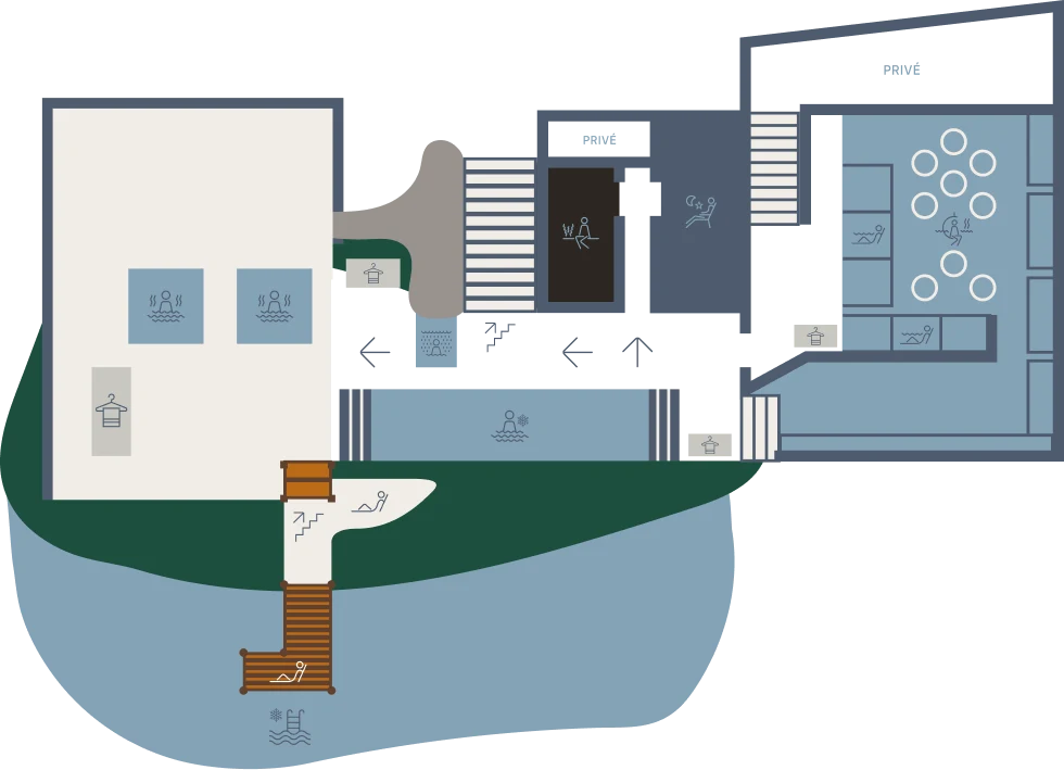 Plan schématique d’un spa avec piscines et saunas