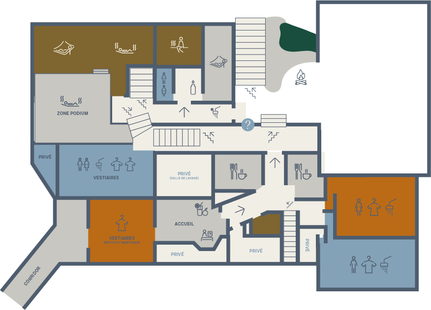 Plan d’étage d’un spa avec vestiaires et zones privées