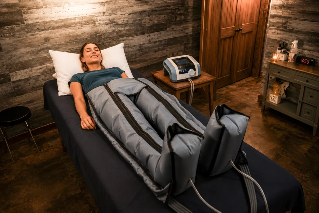 Femme recevant une thérapie de compression des jambes