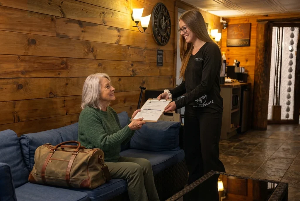 Employée remet un formulaire à cliente âgée souriante