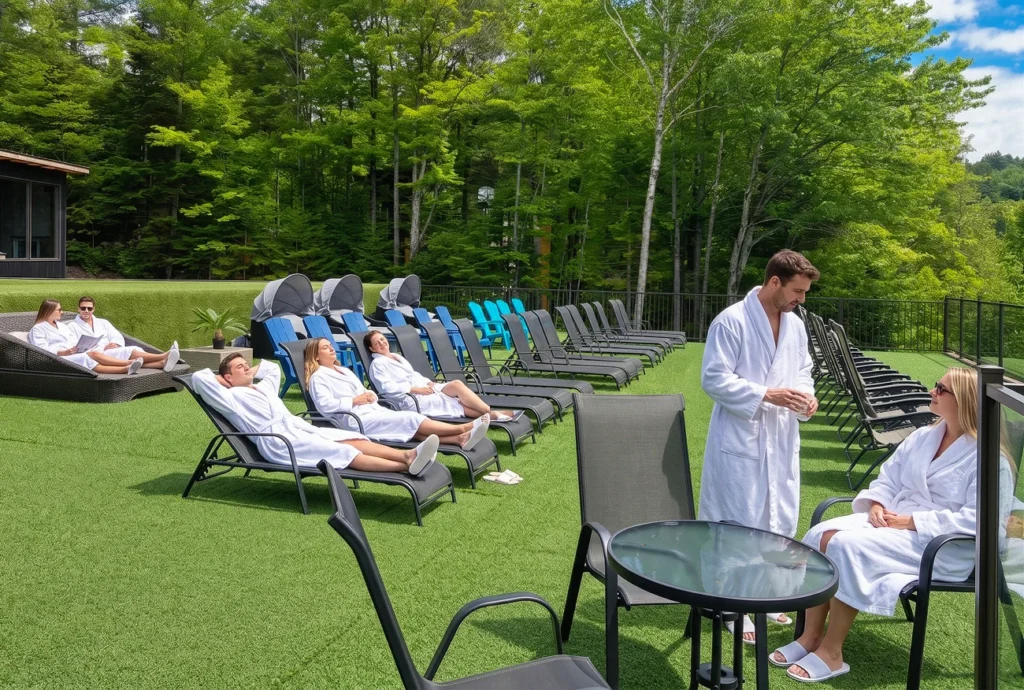 Clients en peignoir se détendent sur des chaises longues
