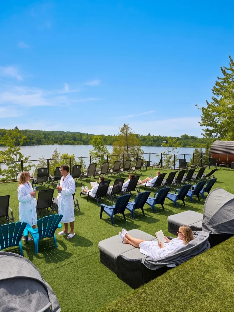 Terrasse spa avec vue sur un lac