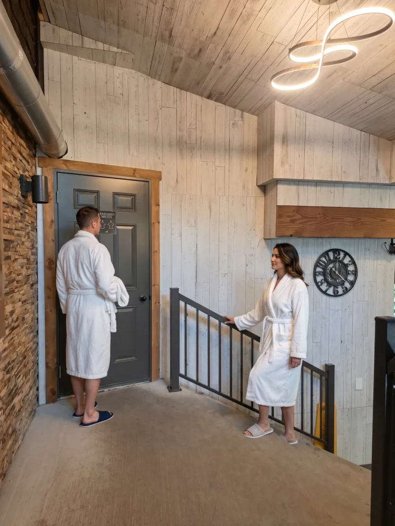 Couple en peignoir devant vestiaire mixte