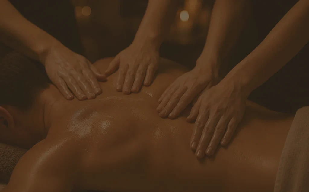 Massage relaxant au spa, mains sur le dos