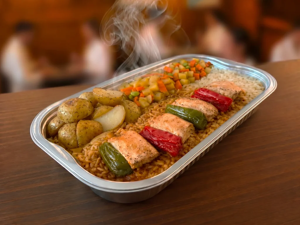 Plateau repas chaud avec saumon, riz et légumes