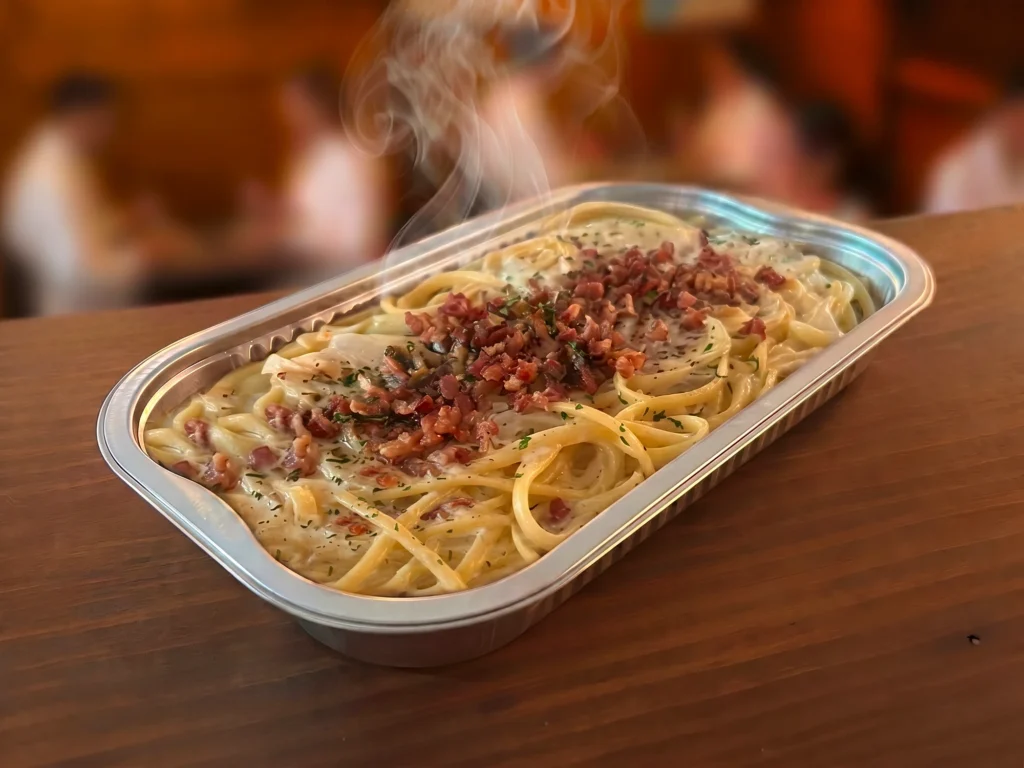 Pâtes crémeuses au bacon fumantes en barquette