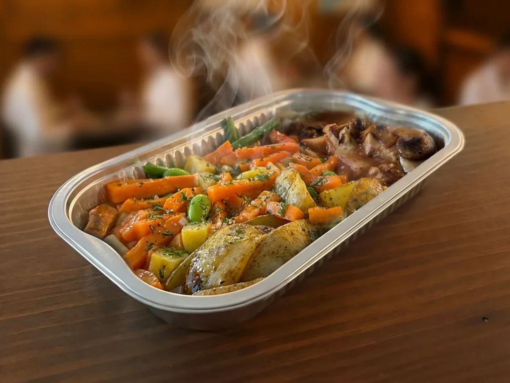 Plat chaud à emporter avec légumes rôtis