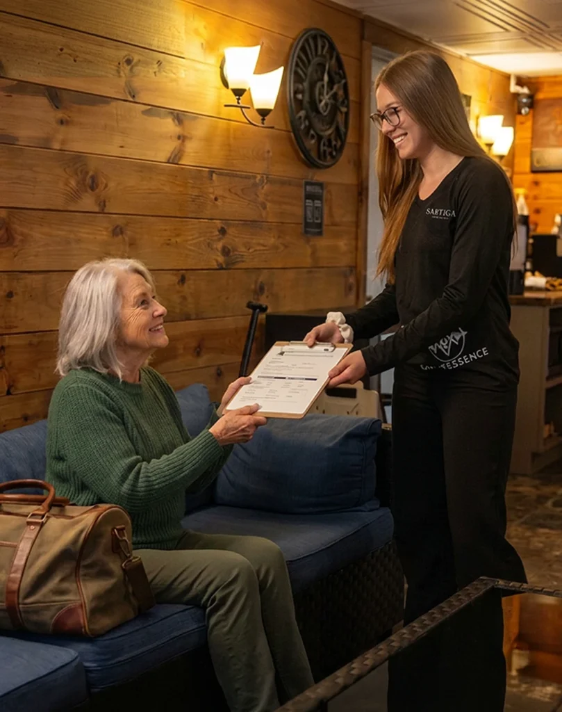 Aînée recevant un formulaire d’une employée souriante
