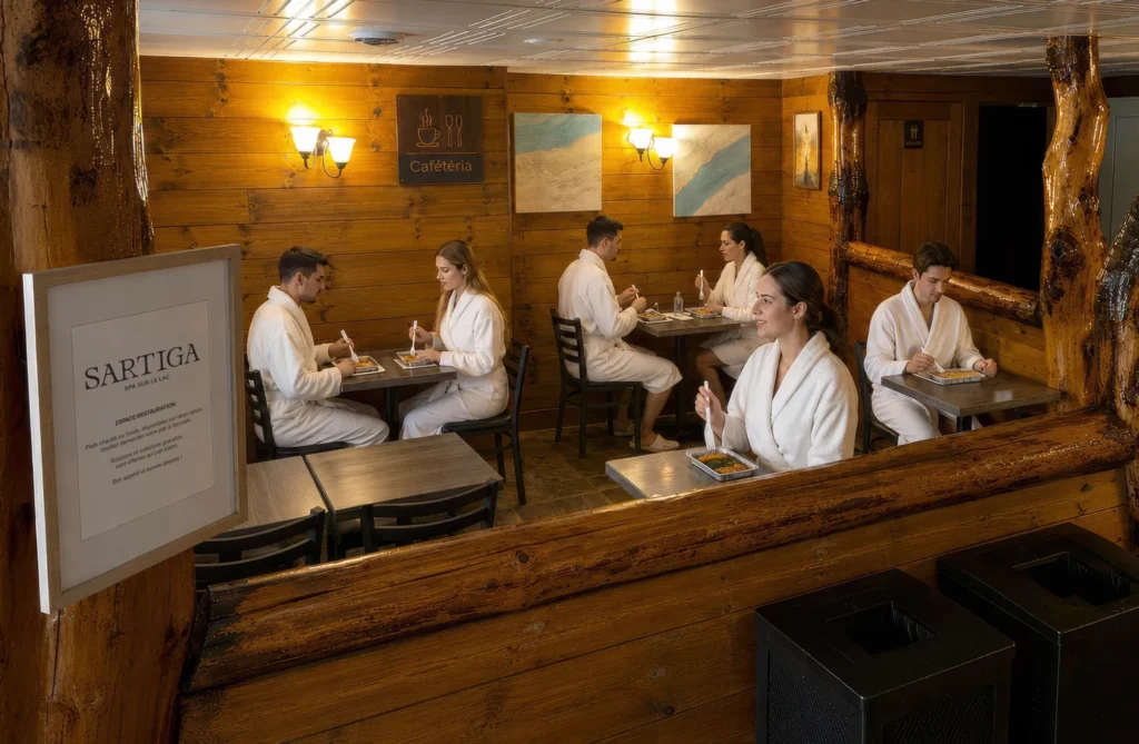 Clients en peignoir à la cafétéria du spa