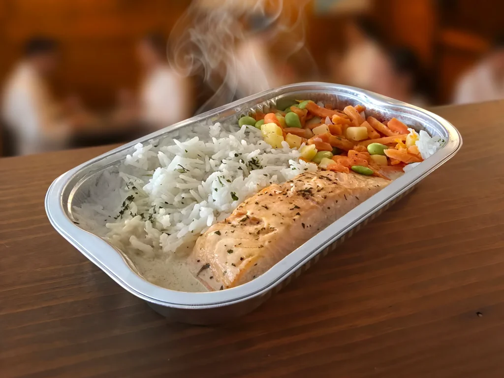 Plateau avec saumon, riz et légumes vapeur